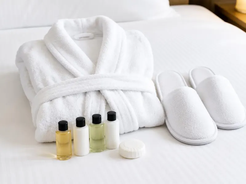 White robe, slippers, and toiletry bottles on a hotel bed