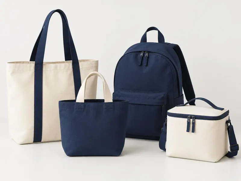 Canvas totes, a backpack, and a cooler bag