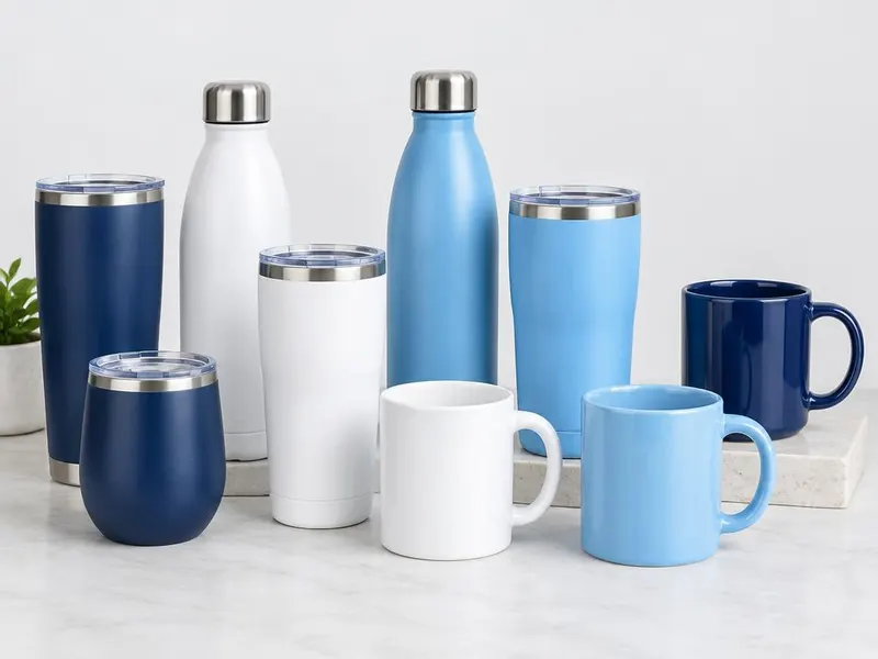 Tumblers, water bottles, and mugs in navy, white, and blue