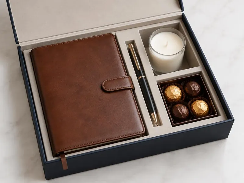 Gift box with leather notebook, pen, candle, and chocolates