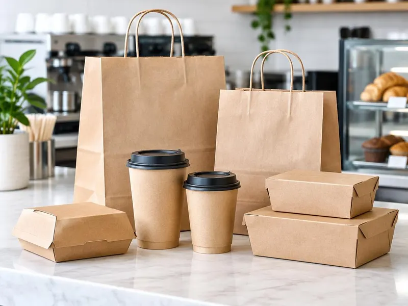 Kraft takeout bags, coffee cups, and food boxes