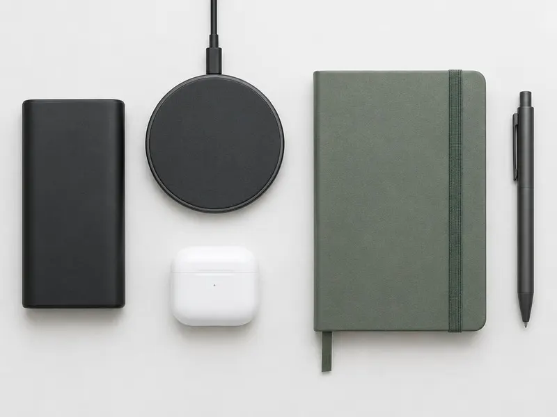 Power bank, wireless charger, earbuds case, notebook, and pen
