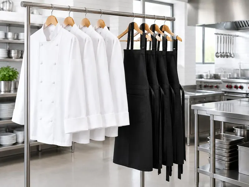 White chef coats and black aprons on a rack
