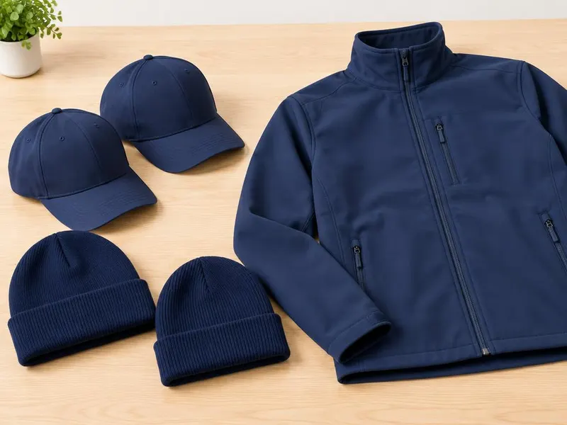 Navy caps, beanies, and a soft shell jacket