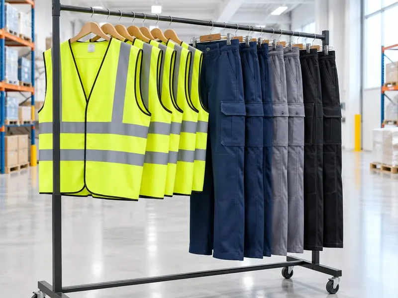 High-visibility vests and work pants on a rack