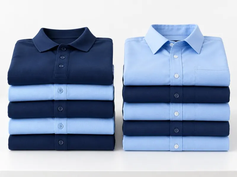 Stacks of folded navy and light blue polos and work shirts