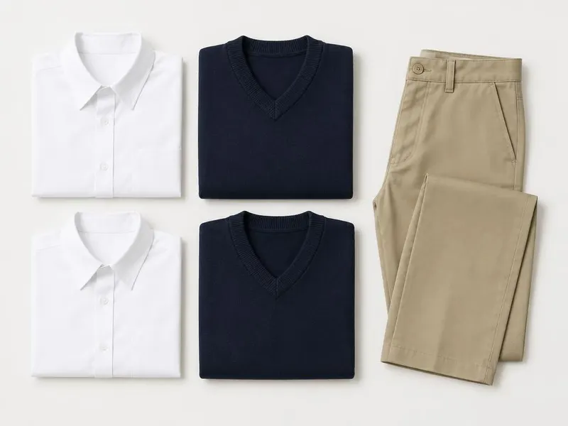 White shirts, navy sweaters, and khaki trousers