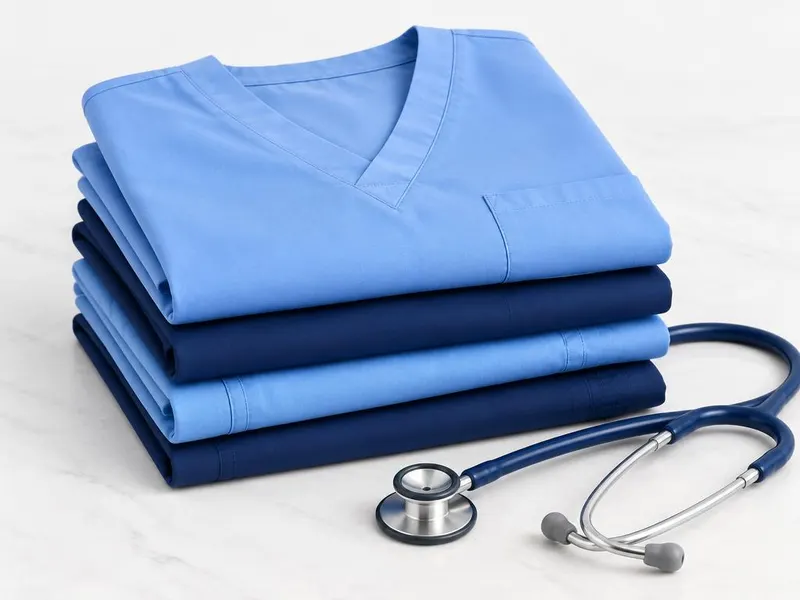 Folded blue scrubs with a stethoscope