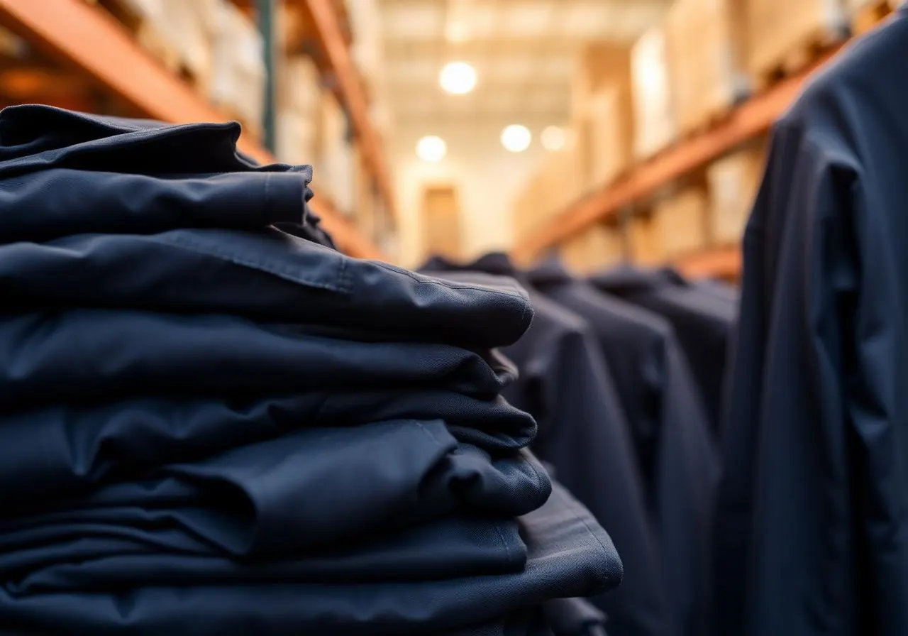 Stacked work uniforms ready for nationwide shipping